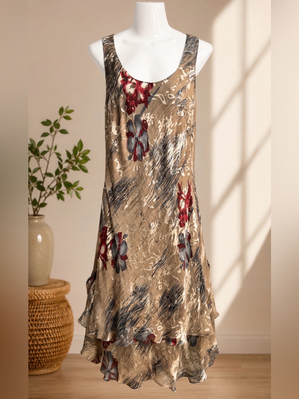 SIMPLY SILK Taupe Floral Dress with Red and Gray Accents, Matching Shawl, Large.